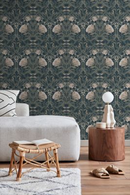 ESTAhome papier peint fleurs vintage de style art nouveau bleu foncé 53 cm x 10.05 m