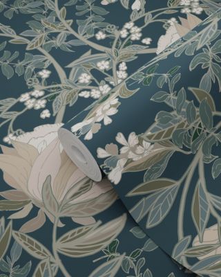 ESTAhome papier peint fleurs vintage de style art nouveau bleu foncé 53 cm x 10.05 m