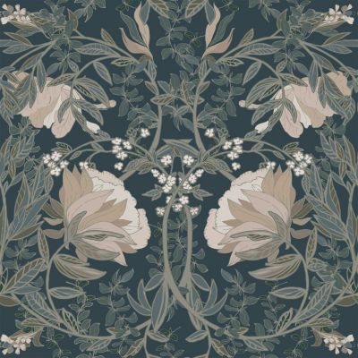 ESTAhome papier peint fleurs vintage de style art nouveau bleu foncé 53 cm x 10.05 m