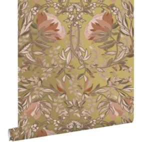 ESTAhome papier peint fleurs vintage de style art nouveau or et rose terracotta - 0.53 x 10.05 m - 139568
