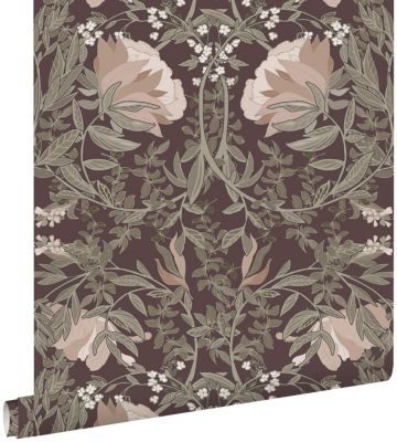 ESTAhome papier peint fleurs vintage de style art nouveau violet aubergine 50 x 900 cm
