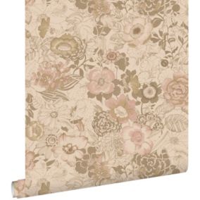 ESTAhome papier peint fleurs vintage marron clair et vieux rose - 50 x 900 cm - 139764