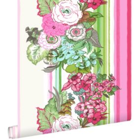 ESTAhome papier peint fleurs vintage rose et vert citron - 53 cm x 10,05 m - 138115