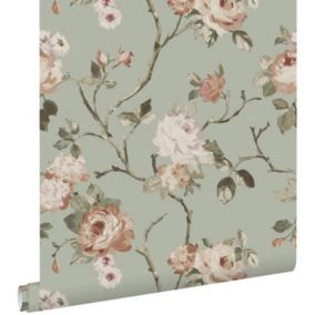 ESTAhome papier peint fleurs vintage vert menthe grisé et rose clair - 0.53 x 10.05 m - 139291