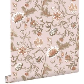 ESTAhome papier peint fleurs vintage vieux rose, terracotta et vert - 0.53 x 10.05 m - 139478