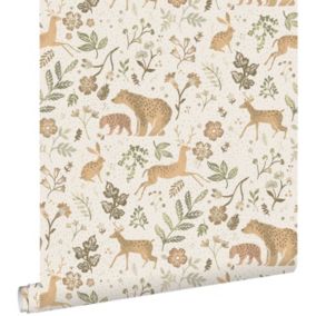 ESTAhome papier peint forêt avec des animaux de la forêt blanc cassé et beige - 53 cm x 10,05 m - 139525