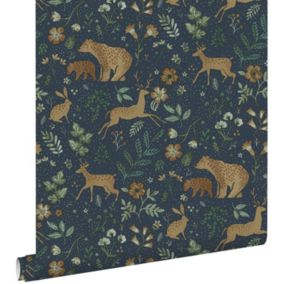 ESTAhome papier peint forêt avec des animaux de la forêt bleu foncé et beige - 0.53 x 10.05 m - 139588