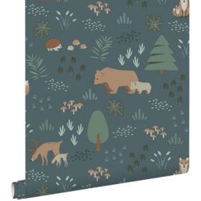 ESTAhome papier peint forêt avec des animaux de la forêt bleu gris - 0,53 x 10,05 m - 139248