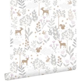 ESTAhome papier peint forêt avec des animaux de la forêt lilas violet et beige - 53 cm x 10,05 m - 139520