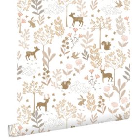 ESTAhome papier peint forêt avec des animaux de la forêt rose terracotta et beige - 53 cm x 10,05 m - 139521