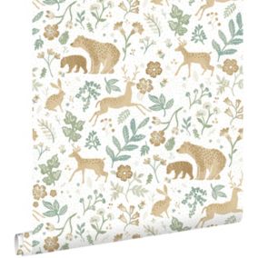 ESTAhome papier peint forêt avec des animaux de la forêt vert et beige - 0.53 x 10.05 m - 139586