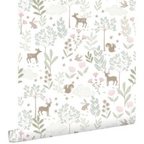 ESTAhome papier peint forêt avec des animaux de la forêt vert et rose - 53 cm x 10,05 m - 139519