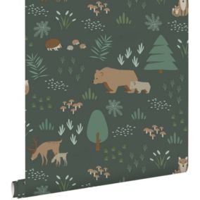 ESTAhome papier peint forêt avec des animaux de la forêt vert foncé - 0,53 x 10,05 m - 139249