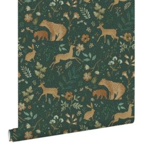 ESTAhome papier peint forêt avec des animaux de la forêt vert foncé et beige - 0.53 x 10.05 m - 139587