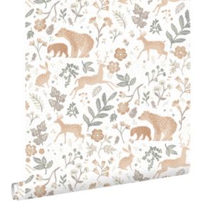 ESTAhome papier peint forêt avec des animaux de la forêt vert grisé, beige et blanc - 0.53 x 10.05 m - 139585