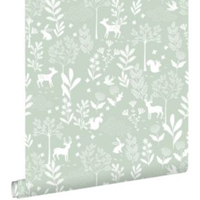 ESTAhome papier peint forêt avec des animaux de la forêt vert menthe - 53 cm x 10,05 m - 139524