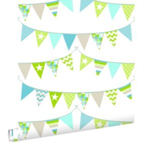 ESTAhome papier peint guirlandes turquoise, vert citron et beige - 53 cm x 10,05 m - 138719