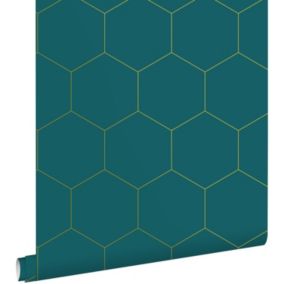 ESTAhome papier peint hexagone bleu canard et or - 0,53 x 10,05 m - 139455