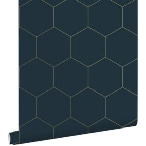 ESTAhome papier peint hexagone bleu foncé et or - 0,53 x 10,05 m - 139237