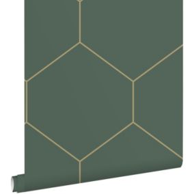 ESTAhome papier peint hexagone vert foncé et or - 50 x 900 cm - 139558