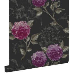 ESTAhome papier peint hortensias noir et violet aubergine - 53 cm x 10,05 m - 128025