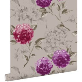 ESTAhome papier peint hortensias taupe et violet aubergine - 53 cm x 10,05 m - 128024