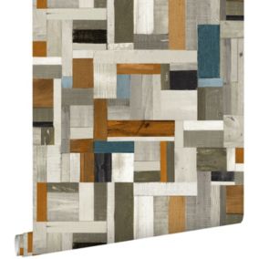 ESTAhome papier peint imitation bois gris, marron et bleu gris - 53 cm x 10,05 m - 138515