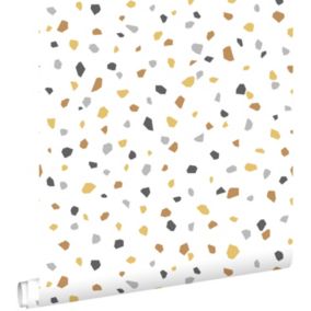 ESTAhome papier peint imitation terrazzo blanc, jaune ocre et gris - 0,53 x 10,05 m - 139305