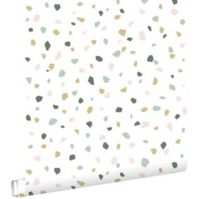 ESTAhome papier peint imitation terrazzo blanc, rose clair et vert menthe - 0,53 x 10,05 m - 139033