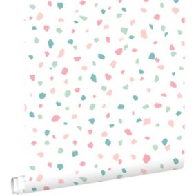 ESTAhome papier peint imitation terrazzo blanc, rose et vert - 0,53 x 10,05 m - 139304