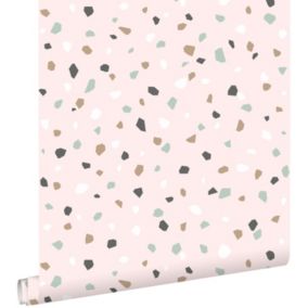 ESTAhome papier peint imitation terrazzo rose clair, blanc et vert menthe - 0,53 x 10,05 m - 139035