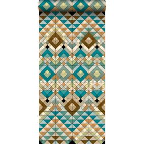ESTAhome papier peint intissé XXL Aztec turquoise, beige et bleu canard - 50 x 900 cm - 158601
