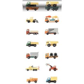 ESTAhome papier peint intissé XXL camions et tracteurs jaune, orange et bleu - 50 x 900 cm - 159048