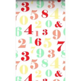ESTAhome papier peint intissé XXL chiffres rouge, jaune, vert et rose - 50 x 900 cm - 158714