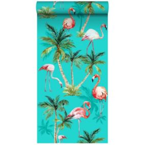 ESTAhome papier peint intissé XXL flamants Roses turquoise, vert et rose - 50 x 900 cm - 158609