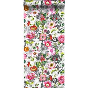 ESTAhome papier peint intissé XXL fleurs rose, rouge, vert, noir et blanc - 50 x 900 cm - 158501