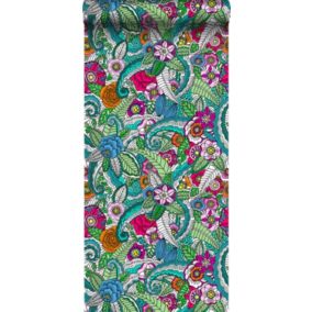 ESTAhome papier peint intissé XXL mandala de fleurs rose, vert, orange, violet et bleu - 50 x 900 cm - 158608