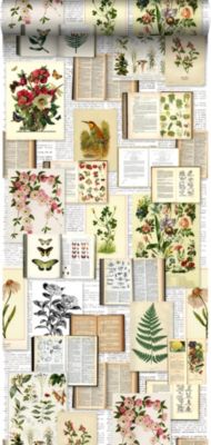 ESTAhome papier peint intissé XXL pages d'un livre botanique avec fleurs et plantes beige crème clair, vert, marron et jaune ocre