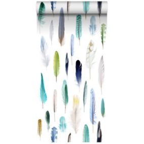 ESTAhome papier peint intissé XXL plumes vert, bleu et beige - 50 x 900 cm - 158602