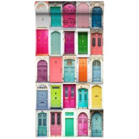 ESTAhome papier peint intissé XXL portes collorées rose, turquoise, orange, jaune et violet - 50 x 900 cm - 158607