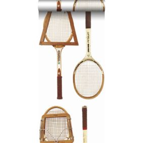 ESTAhome papier peint intissé XXL raquettes de tennis vintage blanc, marron et beige - 50 x 900 cm - 158801