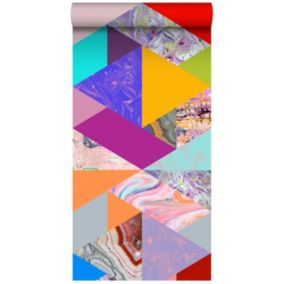 ESTAhome papier peint intissé XXL triangles effet marbre jaune, bleu, rose et vert - 50 x 900 cm - 158914