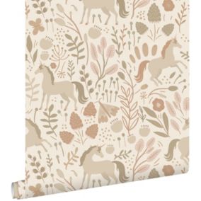 ESTAhome papier peint licornes beige et rose terracotta - 0.53 x 10.05 m - 139806