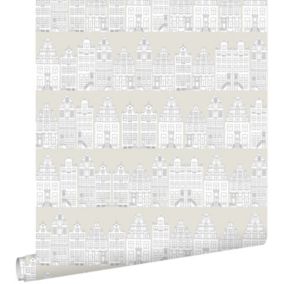 ESTAhome papier peint maisons bordant les canaux d'Amsterdam dessinées gris clair - 53 cm x 10,05 m - 138909