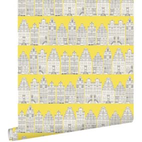 ESTAhome papier peint maisons bordant les canaux d'Amsterdam jaune - 53 cm x 10,05 m - 137712