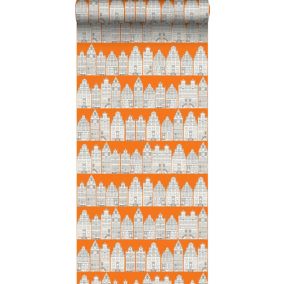 ESTAhome papier peint maisons bordant les canaux d'Amsterdam orange et blanc - 53 cm x 10,05 m - 115874