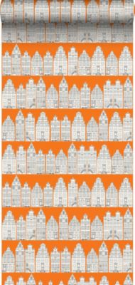 ESTAhome papier peint maisons bordant les canaux d'Amsterdam orange et blanc 53 cm x 10.05 m