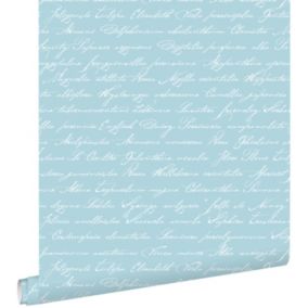 ESTAhome papier peint noms de fleurs manuscrits en latin bleu azur lumière - 53 cm x 10,05 m - 128037