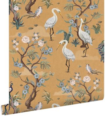 ESTAhome papier peint oiseaux de grue jaune ocre 50 x 900 cm