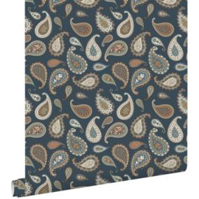 ESTAhome papier peint paisleys bleu foncé, beige et vert menthe - 50 x 900 cm - 139285